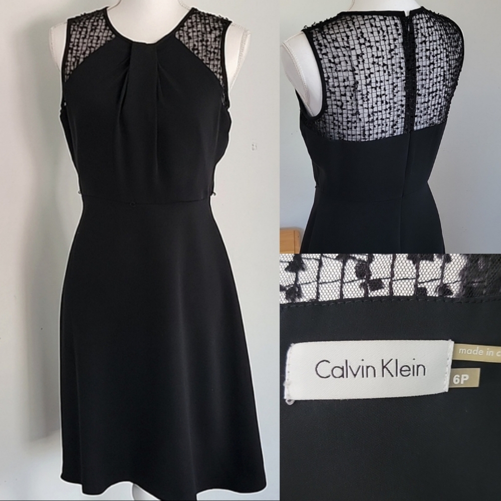 Calvin Klein Black Sleeveless Fit & Flare Dress with Lace Illusion Yoke - Size 6